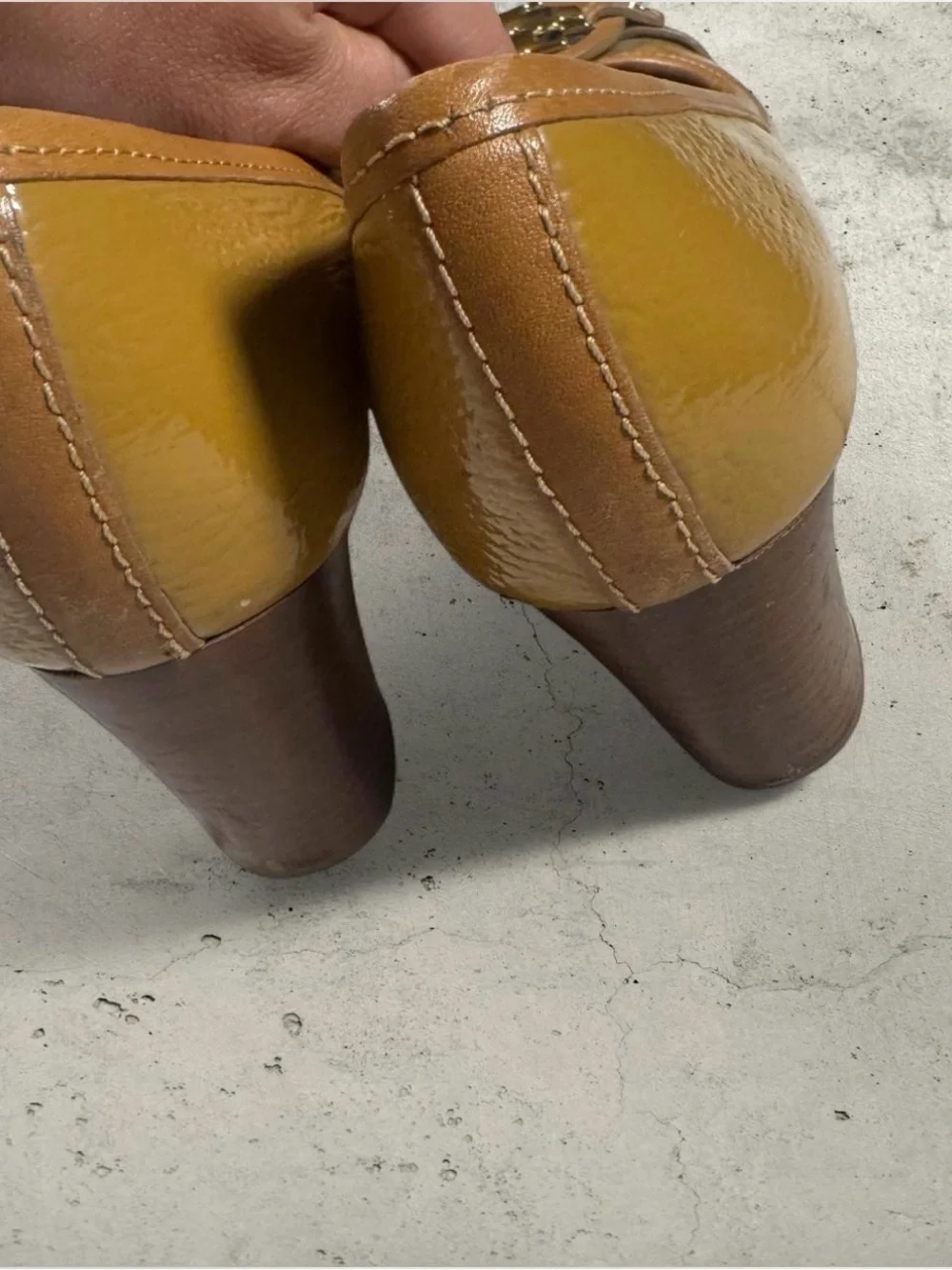 Tory Burch Tan Patent Leather Round-Toe Block Heel Pumps
